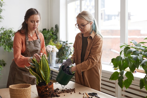 Portret van twee vrouwelijke bloemisten die planten potten terwijl ze in de bloemenwinkel werken, kopieer ruimte