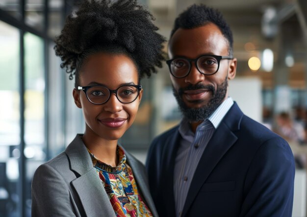 Foto portret van twee zakenlieden die glimlachend in het kantoor staan