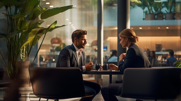 Portret van twee zakenmensen die werk bespreken tijdens een vergadering in de kopieerruimte van de luxe hotellobby