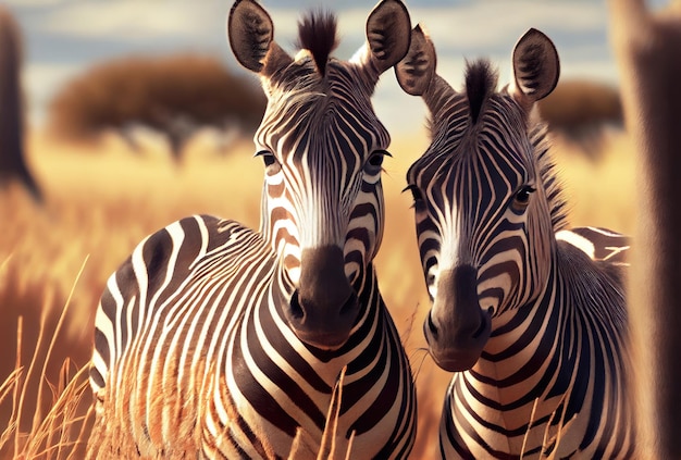 Portret van twee zebra's Wild dier in de natuur Generatieve Ai Art