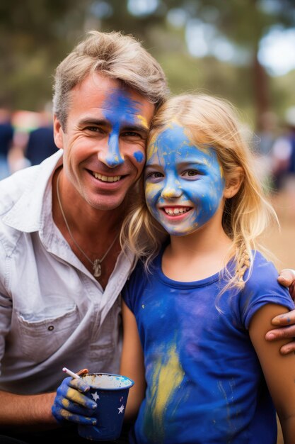 Portret van vader en dochter met gezichtsverf op het festival Australia Day concept