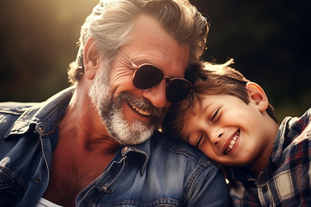 Foto portret van vader en zoon die elkaar knuffelen om vaderdag te vieren