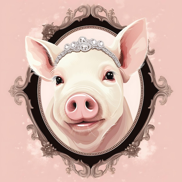 Portret van varken dat parels draagt met damesachtige pose en klaar Ex Vintage Poster 2D Flat Design Art