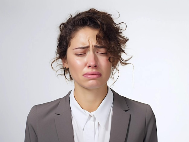 Portret van verdrietige huilende vrouw in zakenpak ongelukkige jonge vrouw
