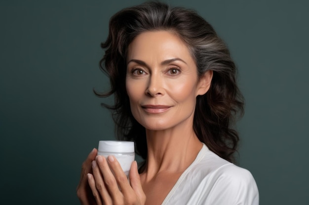 Portret van vijftig jaar oude brunette met goed verzorgd verjongd gezicht met potje crème in haar hand