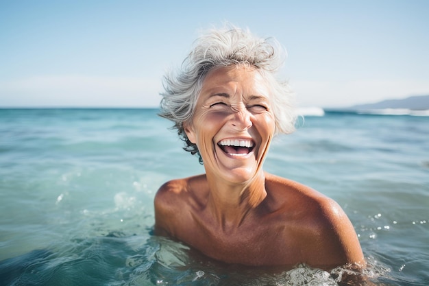 Portret van volwassen senior vrouw in de zee Generatieve AI