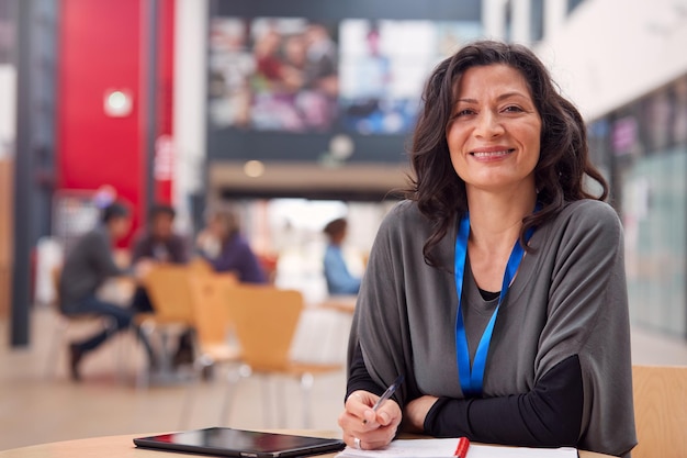 Portret van volwassen vrouwelijke leraar of student met digitale tablet werken aan tafel in college hall