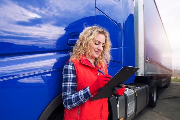 Portret van vrachtwagenchauffeur papierwerk doen door vrachtwagen voertuig.