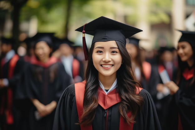 Portret van vrolijk Aziatisch jong meisje in zwarte en gele afstudeerjurk en pet met andere afgestudeerde aan de universiteit
