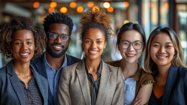 Portret van vrolijke collega's en glimlachende gezichten in een kantoor Teamwerk bedrijfspersoneel en opgewonden collega's op het werk die samen glimlachen