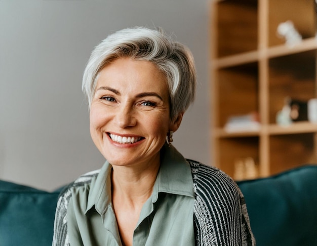 portret van vrolijke glimlach mooie gelukkige vijftig jaar oude vrouw vijftig met wit grijs haar