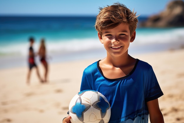 Portret van vrolijke jongen met voetbal in het zandstrand in de buurt van de oceaan