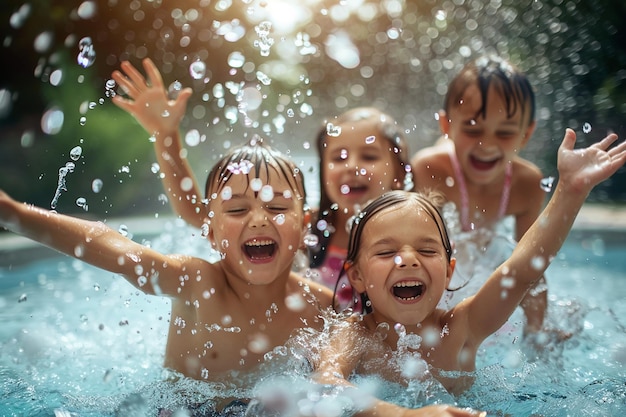 Portret van vrolijke kinderen die genieten van waterspel