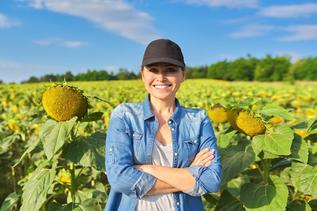 Portret van vrouw boer, agronoom in veld met rijpe zonnebloem. Zelfverzekerde vrouw met gekruiste armen kijken naar camera, landbouw landbouw concept