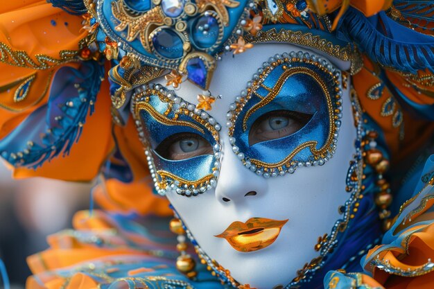 Portret van vrouw in kostuum en carnavalmasker met spankels