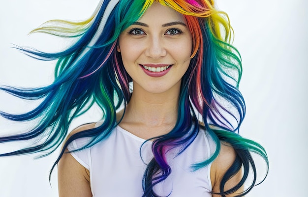 Portret van vrouw met felgekleurd haar Gekleurde haren Portret van glimlachende vrouw met vliegend Portret van mooi meisje met geverfd haar professioneel haar Coloring Generative AI