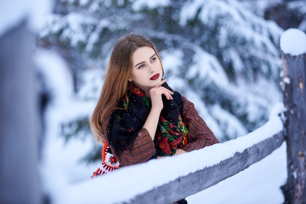 Portret van vrouw op winterdag op besneeuwde landschap-achtergrond