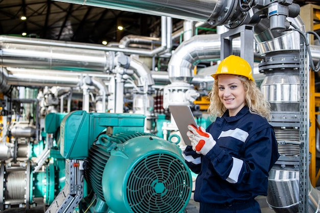 Portret van vrouwelijke krachtcentralearbeider die productieresultaten van aardgas en olie analyseert