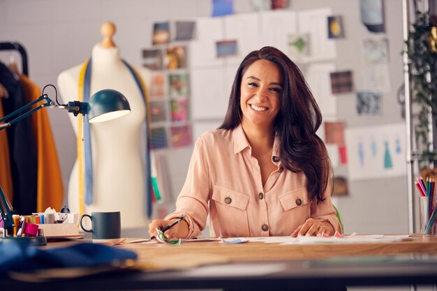 Portret van vrouwelijke modeontwerper In Studio bezig met schetsen en ontwerpen aan balie