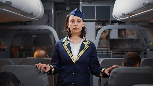 Portret van vrouwelijke stewardess in luchtvaartuniform die mensen in het vliegtuig instapt, helpen met stoelen. Zittend op het gangpad van het vliegtuig om passagiers te begroeten op een vliegtuigjet, internationale luchtvaartdienst.