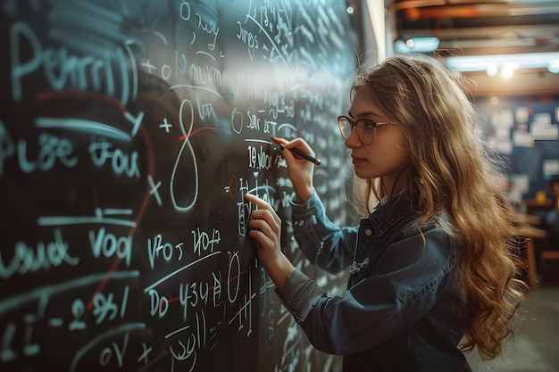 Foto portret van vrouwen leraar in de klas schrijft op het bord met formules