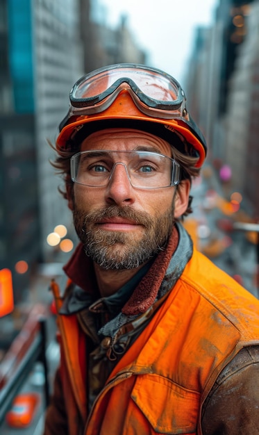 Portret van werknemer in helm en bril Ingenieur met een oranje hardhoedvest en veiligheidsbril die op een steiger staat boven een opgravingsplaats en een stadsstraat