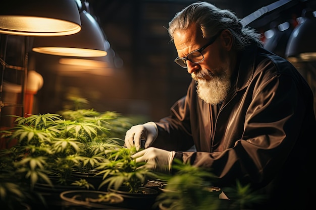 Foto portret van wetenschapper met maskerbril en handschoenen controleert analyse en resultaten met tablet aan patiënt medische marihuana cannabis bloemen in een kas gegenereerd met ai