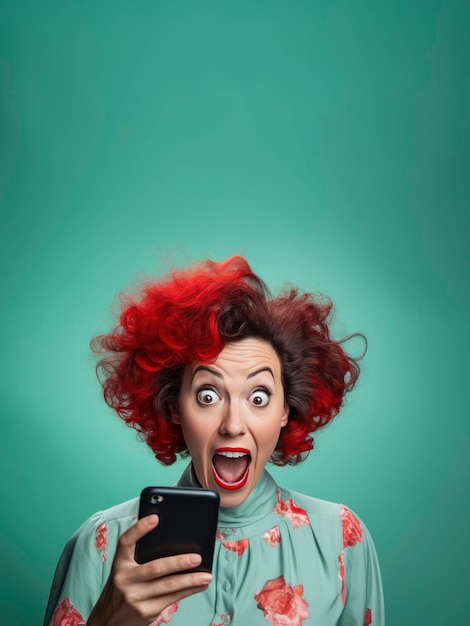 Foto portret van zeer verbaasde roodharige vrouw met smartphone en turquoise achtergrond