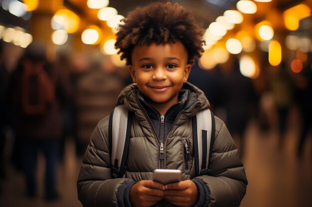 portret van zwarte huidjongen met smartphone