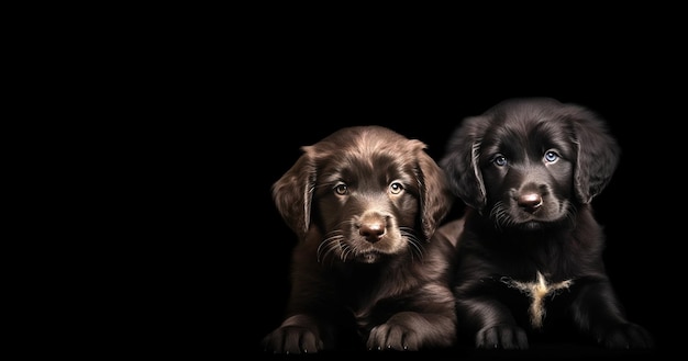 Portret van zwarte schattige puppy hondje camera kijken op zwarte achtergrond copyspace petanimalsdogspuppy