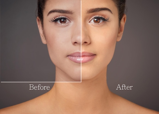 Portret vergelijken en vrouw met schoonheid huidverzorging of dermatologie op studio achtergrond Gezicht voor of na met persoon model of verzorgingsroutine met resultaten cosmetica of behandeling voor heldere huid