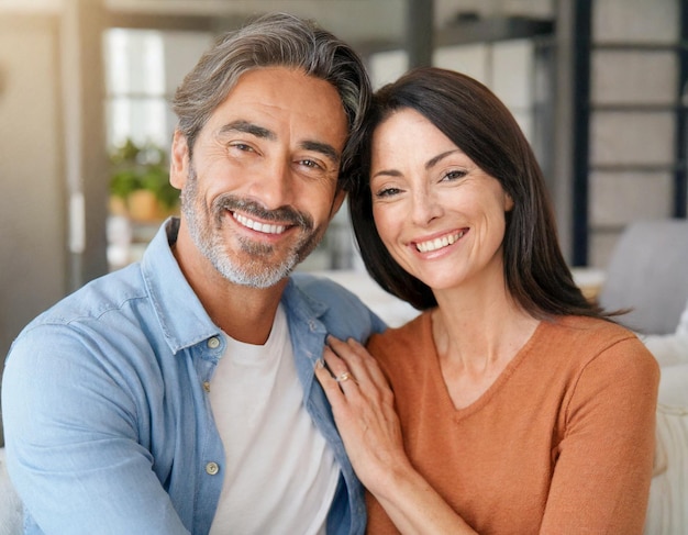 Portret vrolijk echtpaar van middelbare leeftijd thuis schattige vrouw en knappe baard man in woonkamer huis