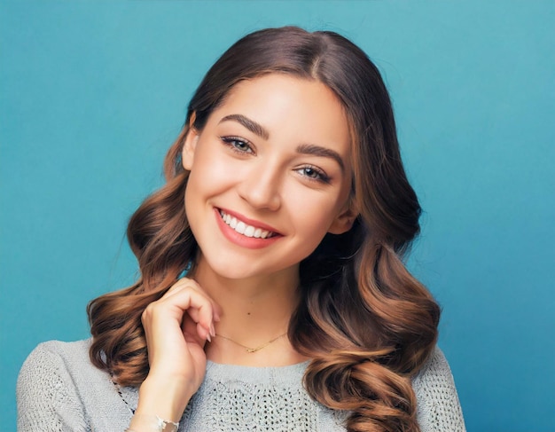 Portret vrouw mooie jonge glimlachende blanke meisje schattig krullend brunette vrouwelijke schoonheid vriendelijk gezicht