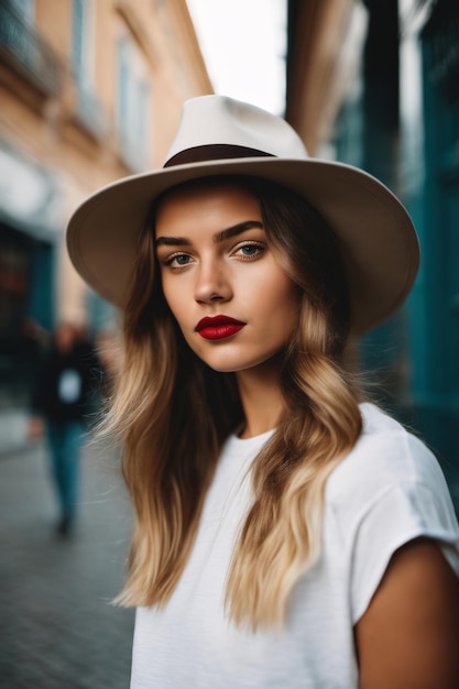 Portret vrouwelijk model met hoed en wit T-shirt rosa mockup blank shirt sjabloon in straat boho