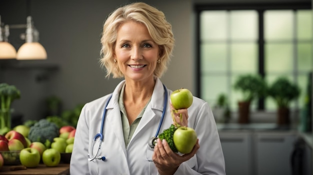 Foto portret vrouwelijke costumer met verse groenten en fruit in de biologische sectie van de supermarkt