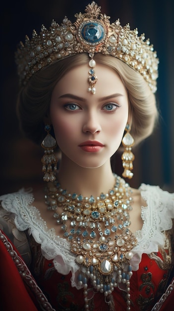 Portret vrouwelijke koningin close-up op mysterieuze wijze geklede traditionele sprookjesjurk kokoshnik Generatieve AI