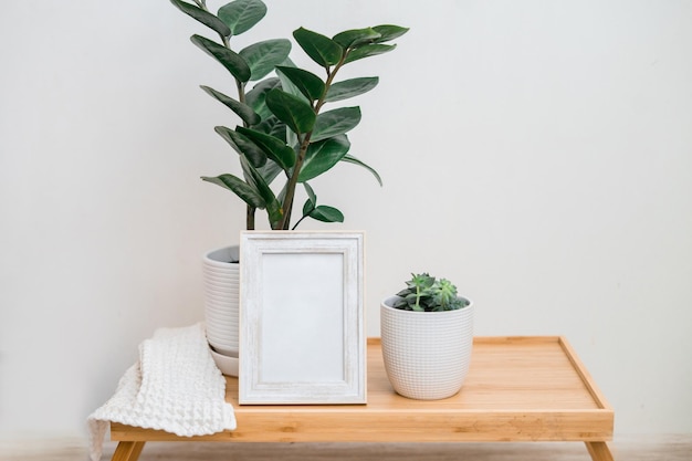 Portret witte fotolijst mockup op houten tafel. Zamiokulkas en vetplanten in potten. Witte muur achtergrond. Scandinavisch interieur. Verticaal. . Hoge kwaliteit foto