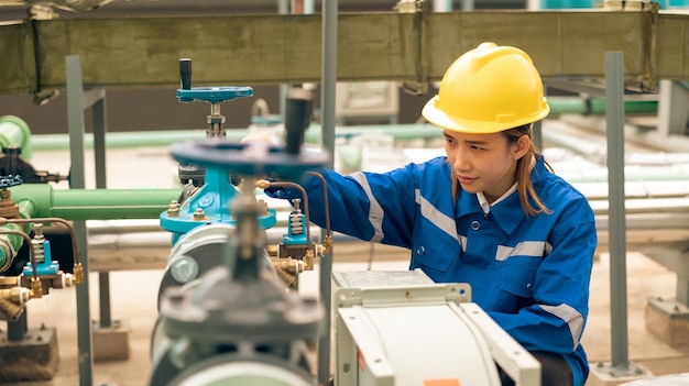 Portret zelfverzekerde professionele ingenieur vrouw met veiligheidsuniform en helm met helm op het dak van de industriële fabriekswerkplaats