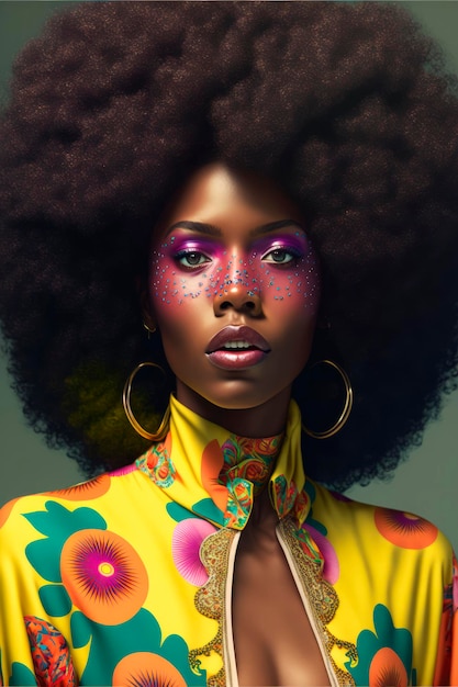 Portret zwarte mannequin kleurrijke make-up afro haar gele jurk bloemrijke hals Generatieve AI