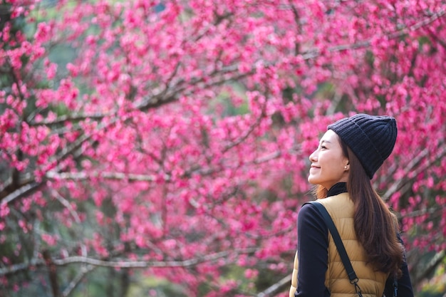 Portretbeeld van een mooie jonge Aziatische vrouw met roze kersenbloesembloem op achtergrond