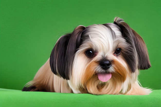 Portretclose-up van een Shih Tzu-hond op studio met groene achtergrond