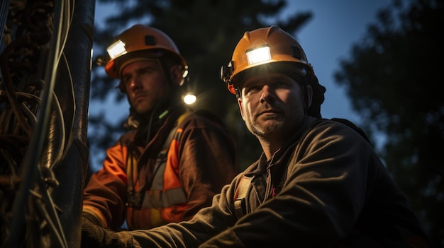 portretfoto elektriciteitsmonteur Twee mensen die op hoogte werken, gekleed in veiligheidsuitrusting van een hoogspanningsmast