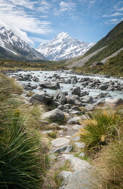 Portretfoto van de gletsjerrivier die leidt naar de berg op de achtergrond van Nieuw-Zeeland