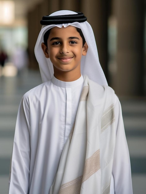 Portretfoto van een kind uit de Emiraten, mannelijk steil haar glimlachend