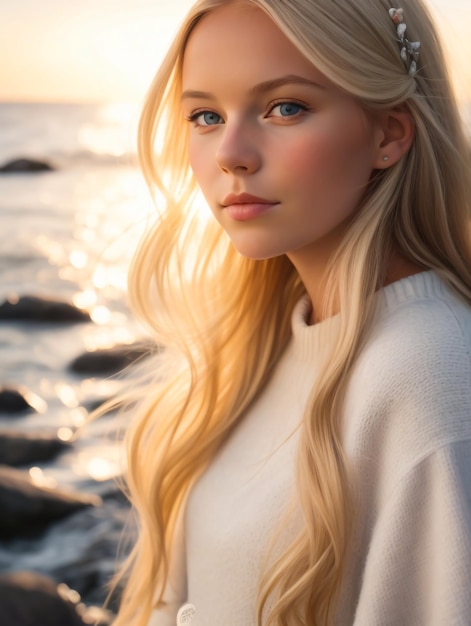 Portretfoto van een Scandinavisch meisje bij de zee