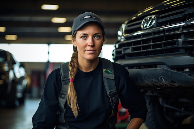 Portretfoto van een vrouwelijke monteur die onder een voertuig werkt in een autoservice