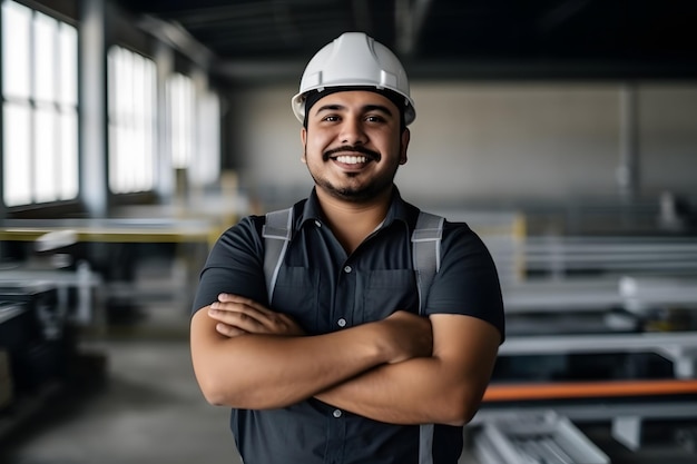 Portretfoto van een zelfverzekerde Spaanse mannelijke fabrieksarbeider met gekruiste armen industriële bouwindustrie robotindustrie Generatieve AI