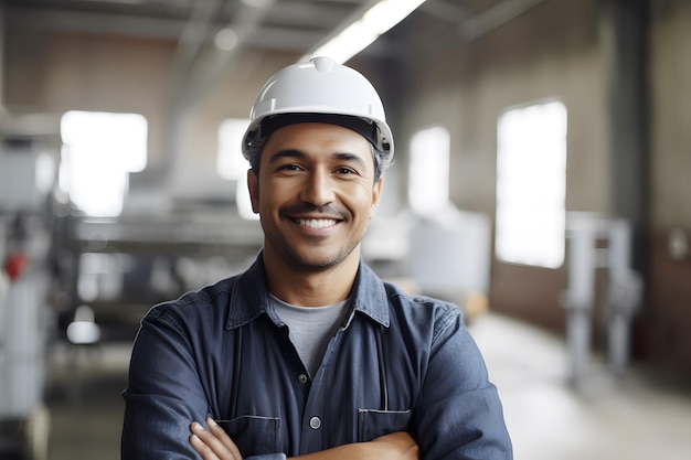 Portretfoto van een zelfverzekerde Spaanse mannelijke fabrieksarbeider met gekruiste armen industriële bouwindustrie robotindustrie Generatieve AI