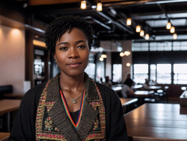 portretfoto van een zwarte vrouw in een restaurant