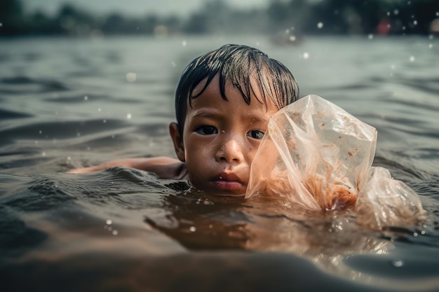 Portretfoto van verdrietige kinderogen die in vervuild water staan vol plastic zakken generatieve ai